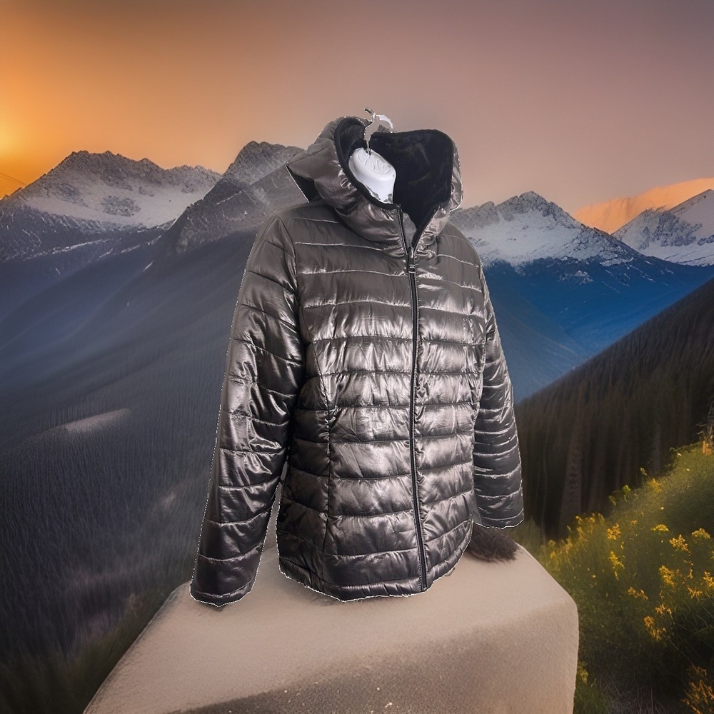 Andrew Marc Reversible Puffer Jacket~ M~ Shiny Gunmetal Black Faux Fur Warm Cozy